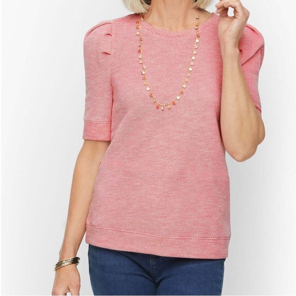 Talbots Pink Fleece Lined Puff Sleeve Crew Neck Casual Jacquard Top Size XL